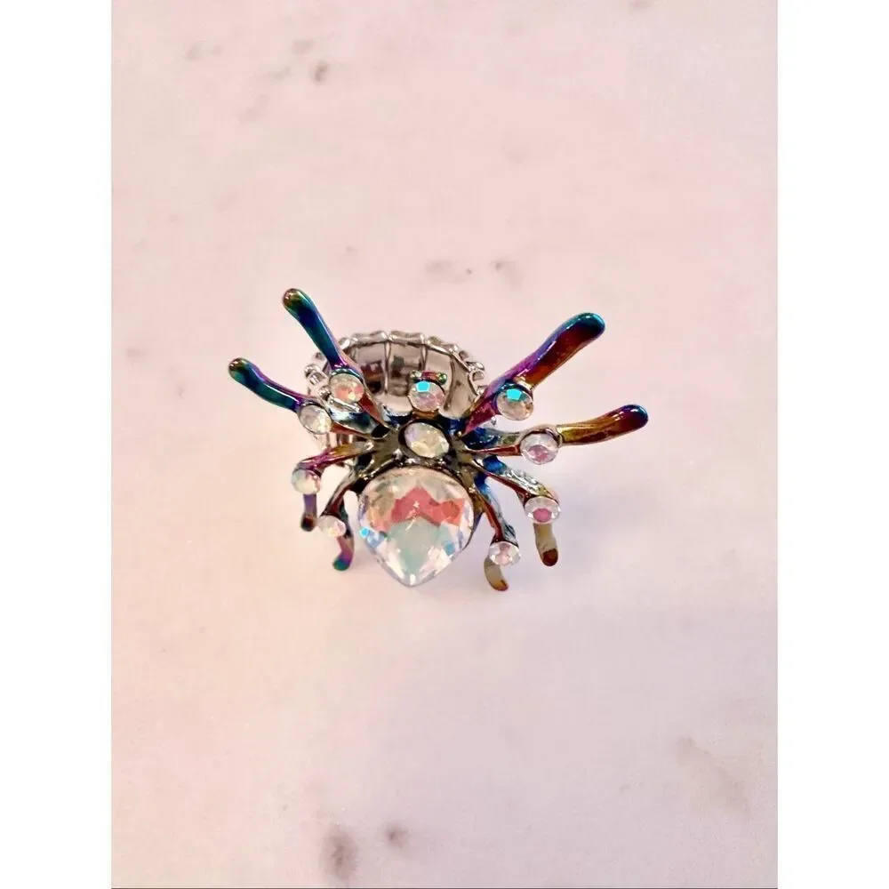 Iridescent spider rhinestone adjustable ring